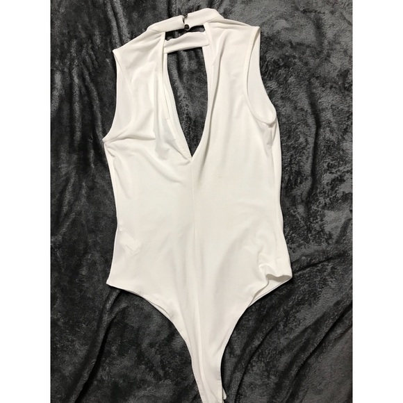 Deep-Cut White High Neck Bodysuit - Picture 2 of 5